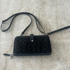 The Sak Iris Crochet Smartphone Crossbody or Wristlet Black Adj Strap Boho